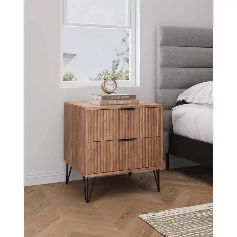 Manhattan Comfort Dumbo 2 Drawer Nightstand Golden Brown: Contemporary MDF Frame, Metal Hardware, 90 lb Capacity