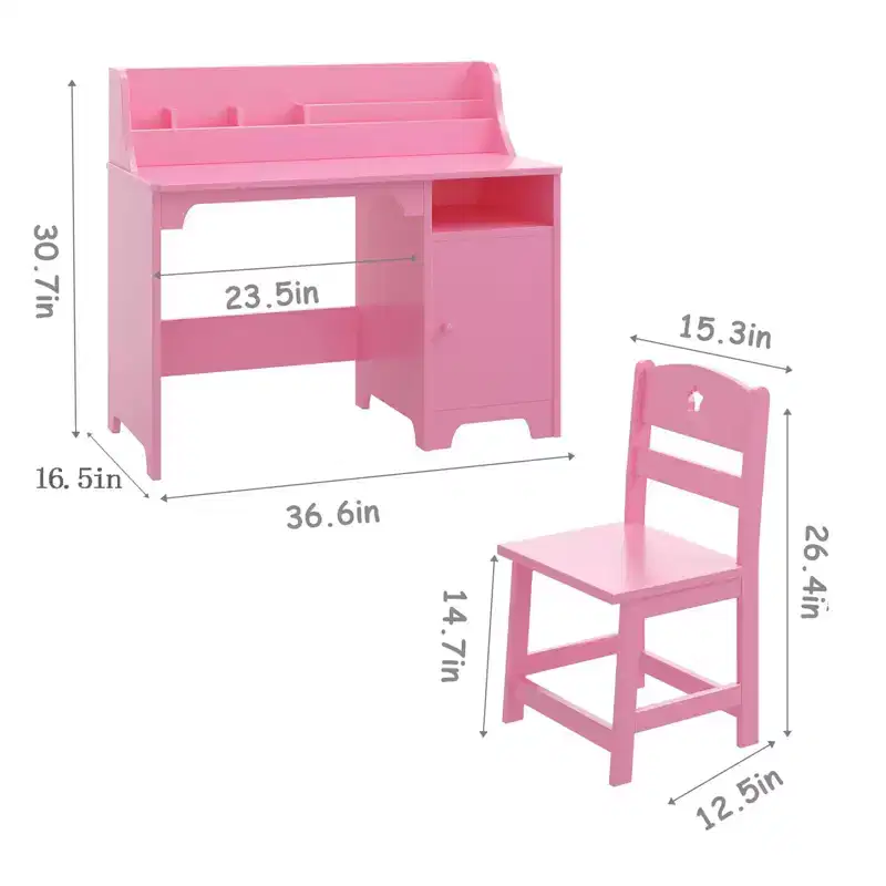 Wood Kids Desk and Chair Set with Storage Hutch, Student Computer Study Table Workstation with Cabinet & Bookshelf for Bedroom or Playroom