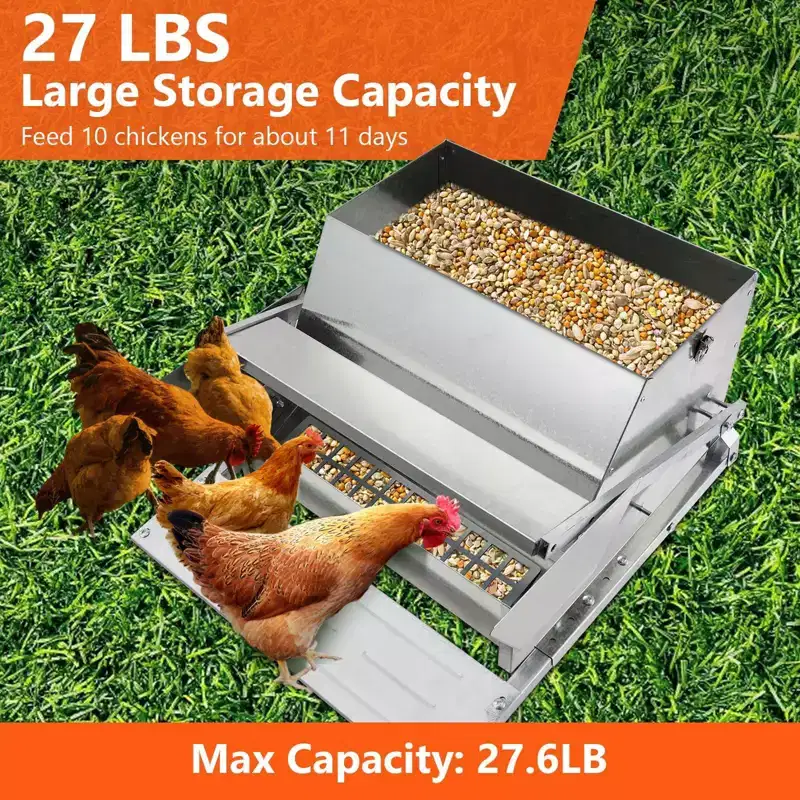 Chicken Feeder, Automatic 27 LB Galvanized Steel - Treadle, Rat Proof, No Waste, Feeds 10 Chickens for 11 Days, Suits Duck, Bantams, Pheasants