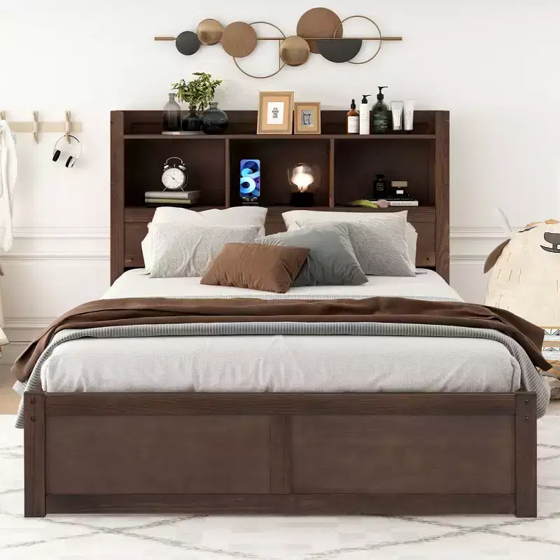 Full Storage Platform Bed with Trundle, Bookcase Headboard and Charging Station, Wooden Full Size Bed Frame with Shelves and Drawers