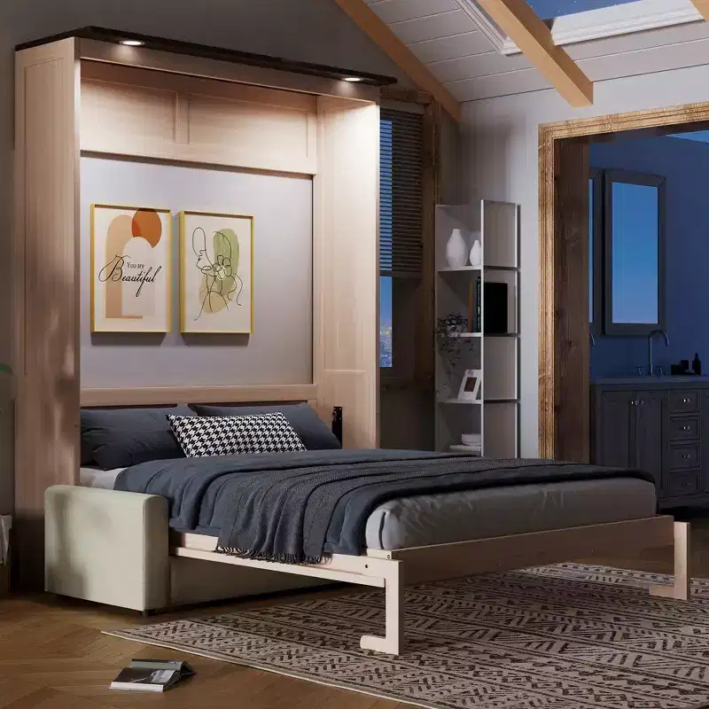 Queen Size Murphy Bed with LED, Solid Pine and MDF Construction