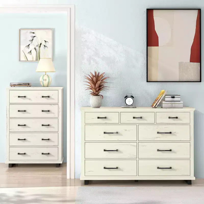 2pc Contemporary 9 Drawer Dresser and 38" 5 Drawer Chest Set Saw Cut Off-White: Bedroom Storage with Adult Assembly Required