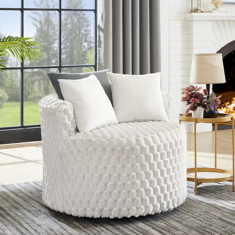 Off White 3D Upholstered Barrel Accent Chair with Wheels