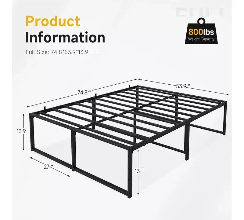 14-Inch Heavy-Duty Metal Platform Bed Frame, Strong & Quiet, No Box Spring Required, Spacious Underbed Storage, Easy Assembly, Black
