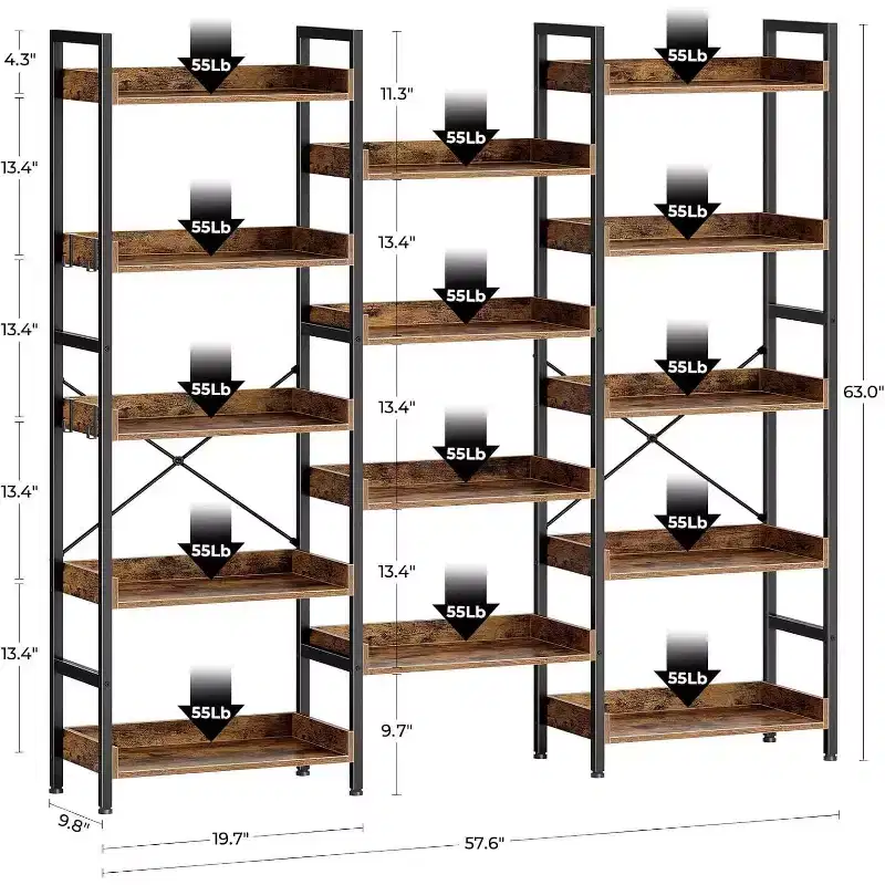 3 Sets of 5-layer Bookshelves, Open Display Racks and Metal-framed Industrial Wide Bookshelves, Suitable for Various Scenarios.