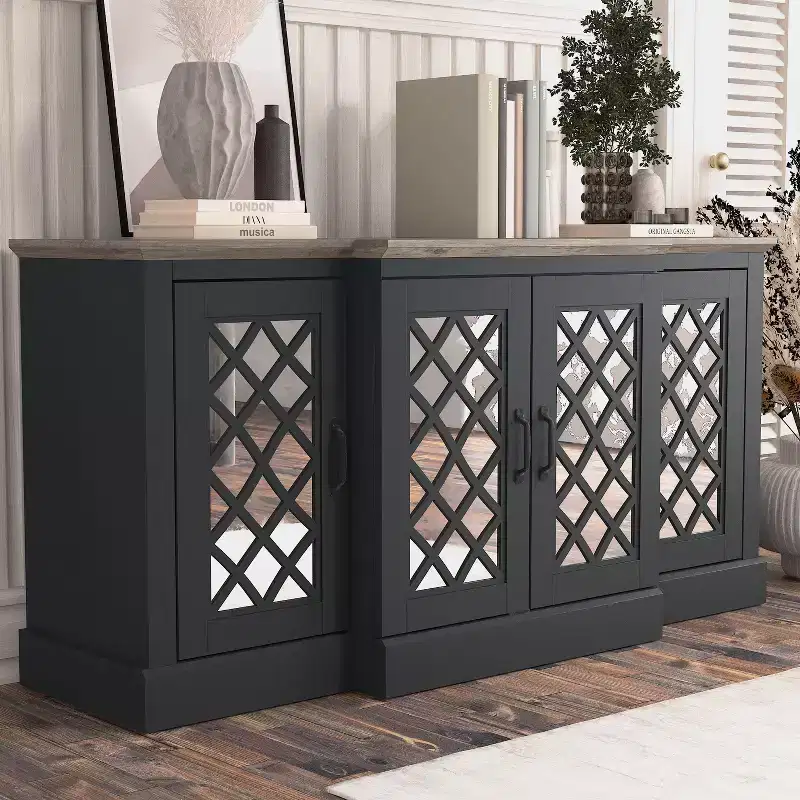4-Door Accent Sideboard with Mirrored Cut-Out Doors, 60.4
