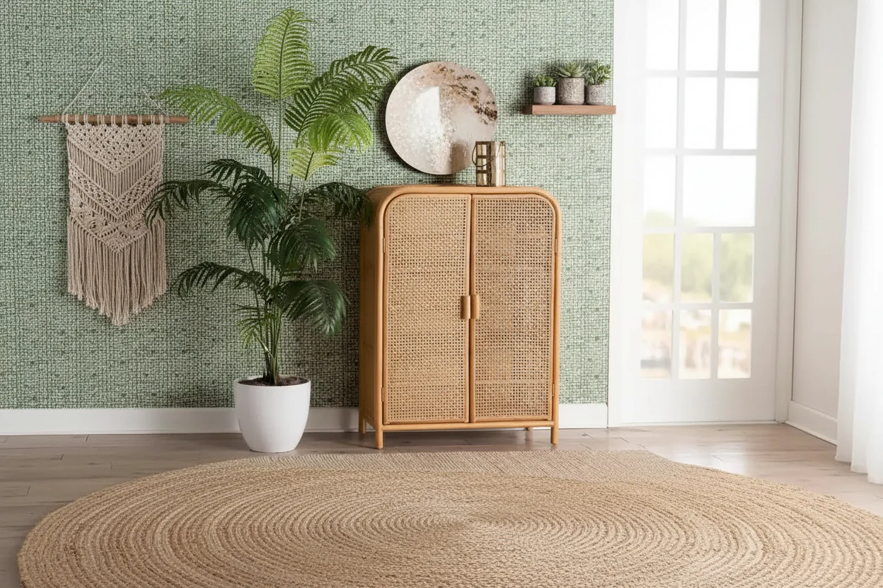 Curacao Modern Bohemian Light Honey Rattan 2-Door Storage Cabinet