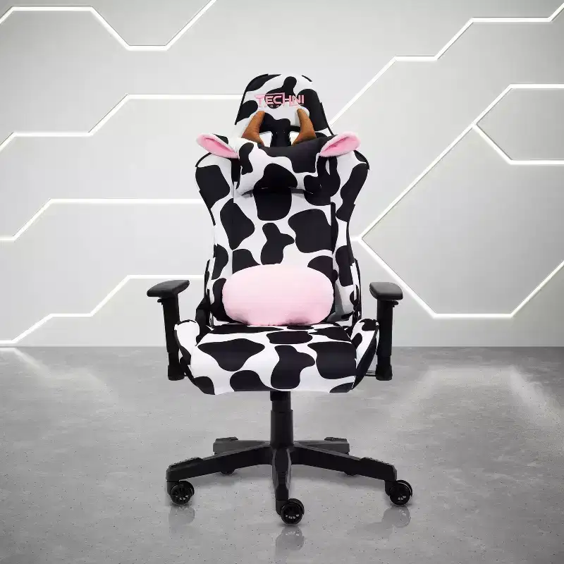 Cow Print Velvet Gaming Chair with Memory Foam and Adjustable Features