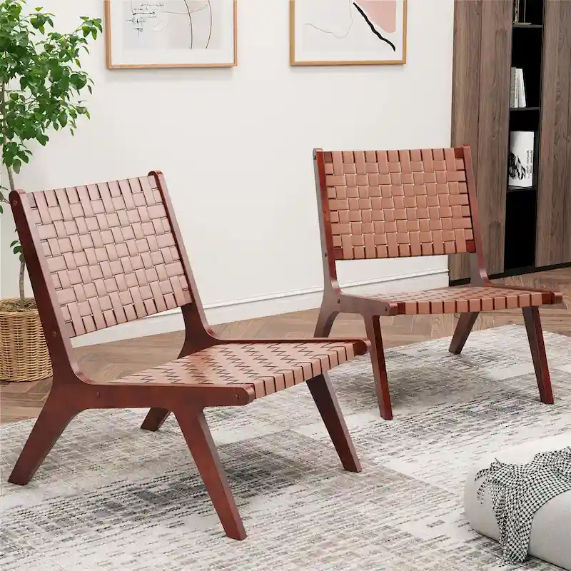 Costway Woven Leather Accent Chair Mid Century Rubber Wood Armless