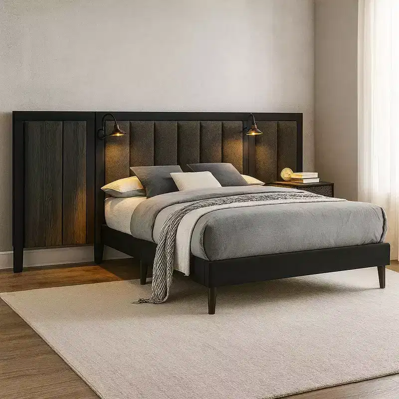 Queen Size Bed with Dark Brown Wood Frame, Upholstered Headboard and Integrated LED Light