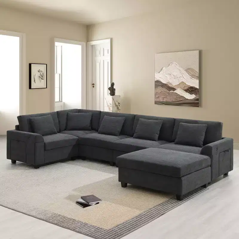 Chenille U-Shaped Sectional Sofa with Oversized Ottoman, Armrest Storage, Cup Holders and USB Charging Ports