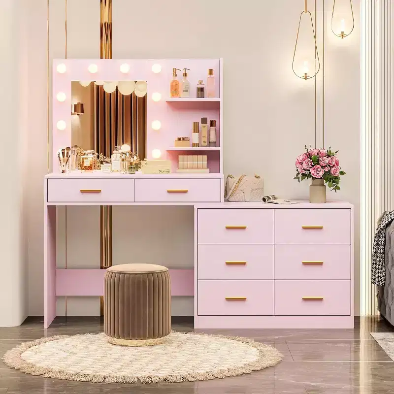 Acekool 61 Makeup Vanity Desk with Mirror, 8 Wide Drawers, 2-Tier Storage Shelves, Adjustable 3-Mode Mirror, Pink Vanity Table for Bedroom Dressing