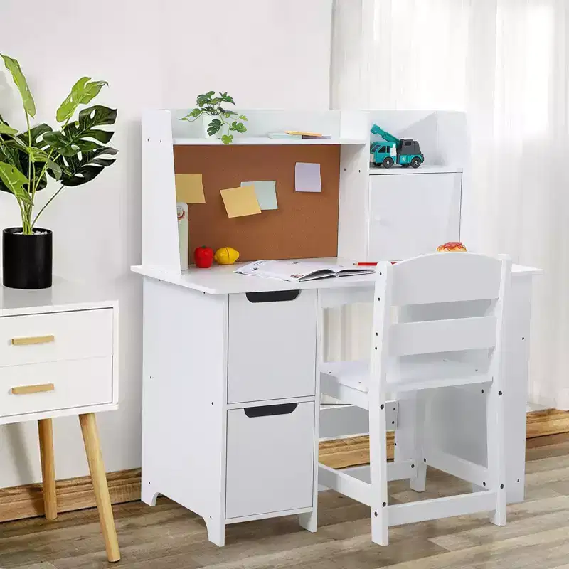 Kids Desk and Chair Set, Wooden Study Table with Storage Shelf, Bulletin Board for Children 3-8