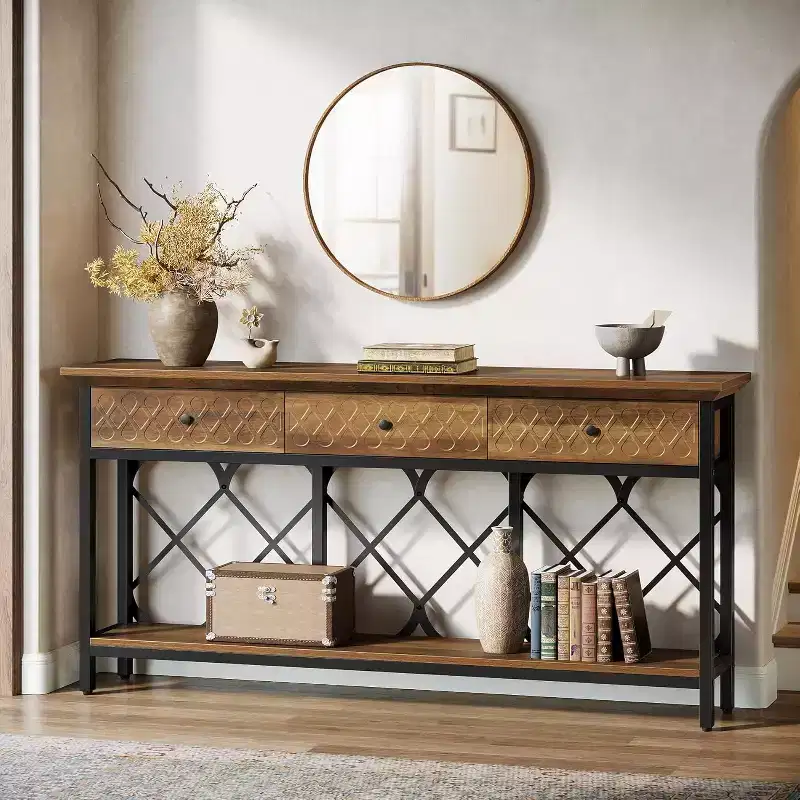 Lantine 70.86 Extra Long Console Sofa Table with 3 Drawers, Industrial 2-Tier Narrow Entryway Table for Living Room, Hallway