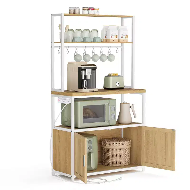 VASAGLE Kitchen Bakers Rack with Power Outlet, Coffee Bar with 35.4-Inch High Worktop, Microwave Stand with 8 Hooks