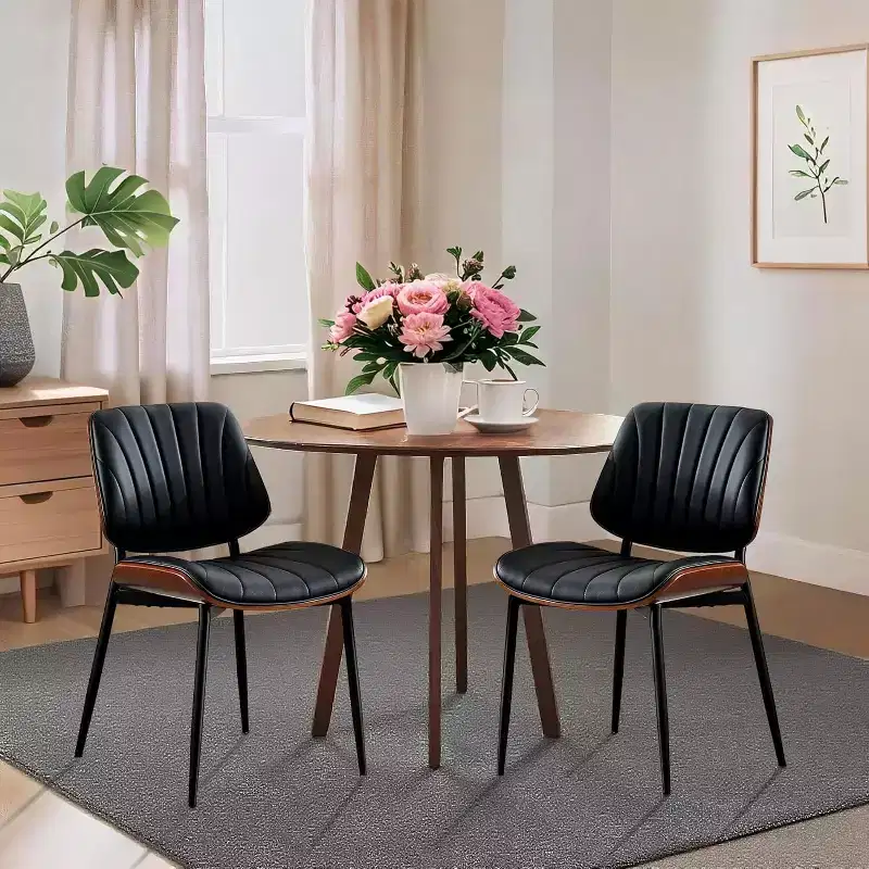 Mid-Century Modern Dining Chairs Set of 2 with PU Leather Upholstery  Walnut Bentwood Back & Adjustable Feet