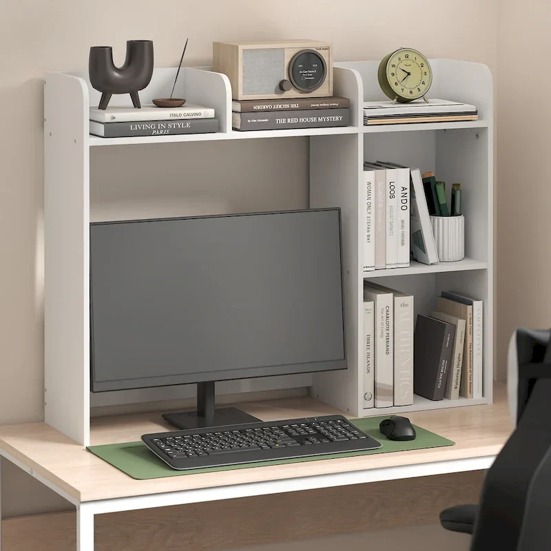 Classic Desktop Bookshelf Storage Hutch, Desk Organizer with 5 Shelves, White