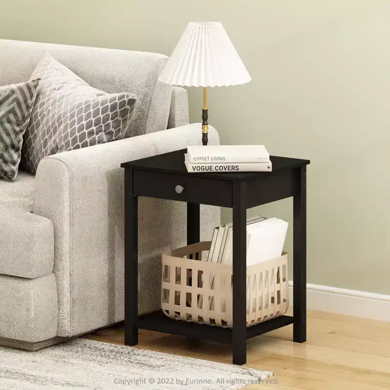 Furinno Mid-Century Sofa Side End Table W/Drawer & Open Storage Shelf,Americano