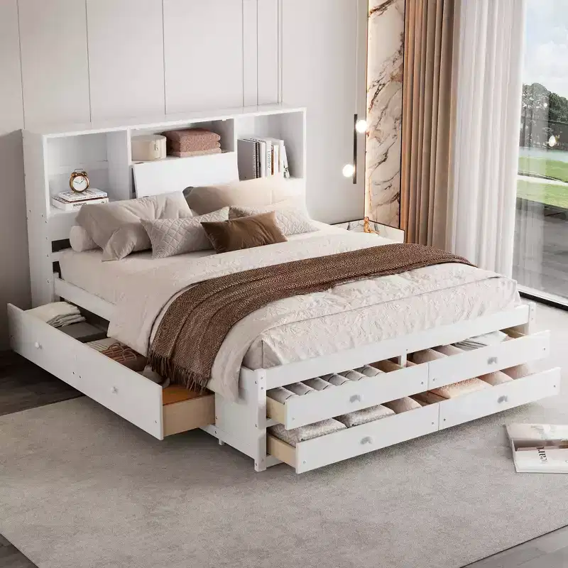 Queen Size Platform Bed with Storage Headboard, 4 Shelves and 8 Drawers, Easy Assembly