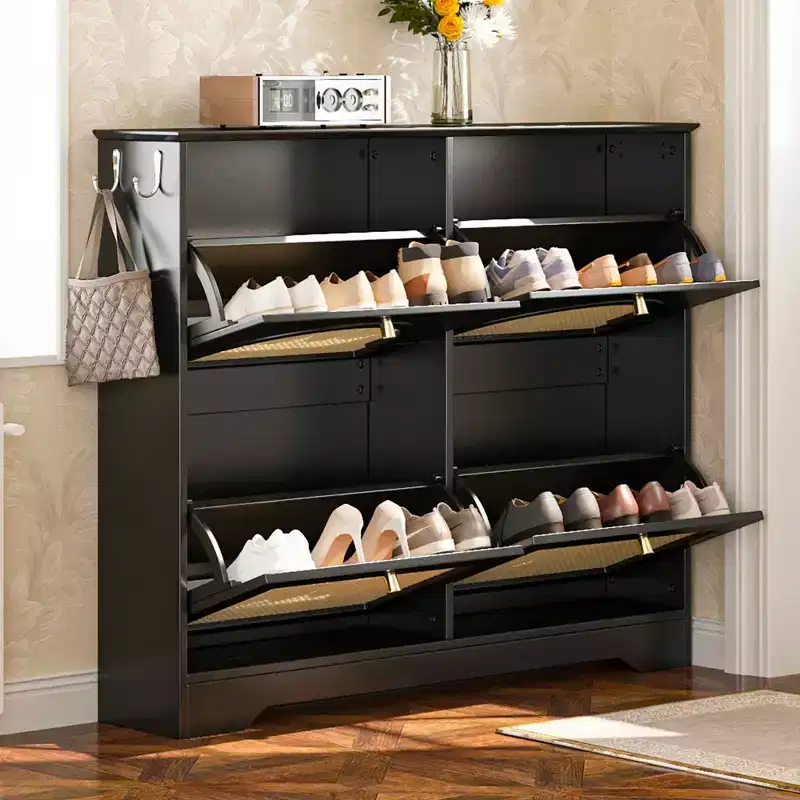 Mid-Century Narrow Shoe Cabinet with 4 Flip Drawers, 4 Rattan Doors & 2 Hooks — 42.1