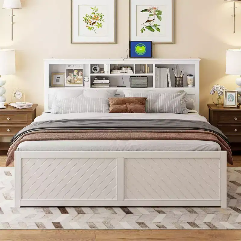 King Size Wood Platform Bed with Multi-storage Headboard, USB and Drawers