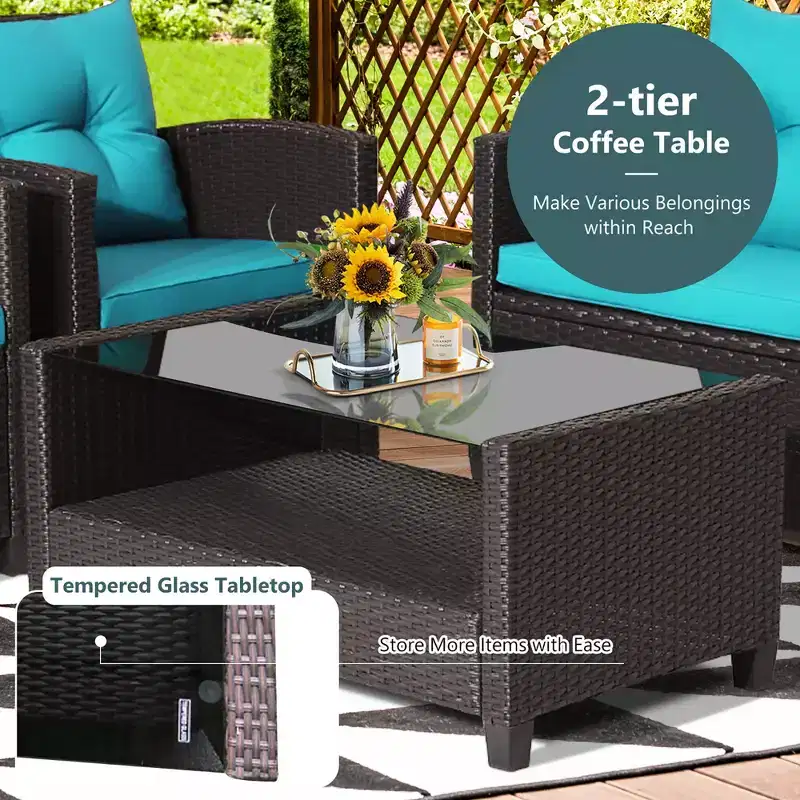 Costway 8 PCS Patio Rattan Furniture Set Glass Table Shelf Sofa Cushion Black/Red/Turquoise/Navy/Gray