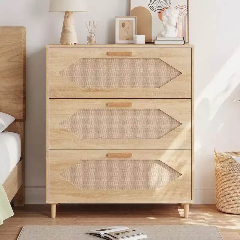 3 Drawer Rattan Dresser for Bedroom, Rattan Modern Dresser Wood Chest of Drawers, Wooden Storage Cabinets for Bedrooms,Living Rooms and Entryways