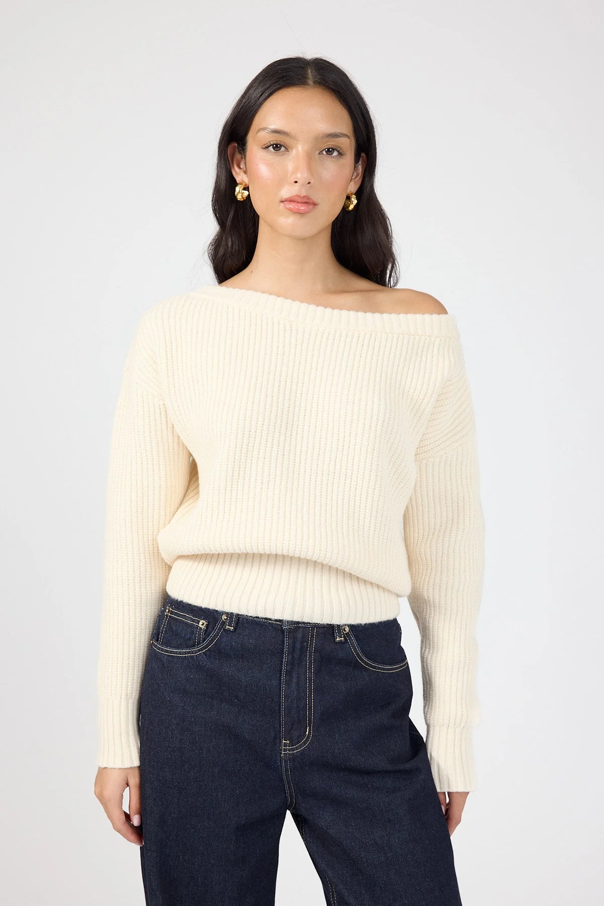 Off Shoulder Knit Jumper Cream