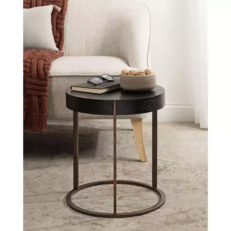 Round Side Table, Wood and Metal, 16x16x18, Black