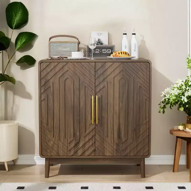 Sideboard Buffet Cabinet with Carved 2 Door Adjustable Layer Board for Living Room Kitchen Dining Room Walnut