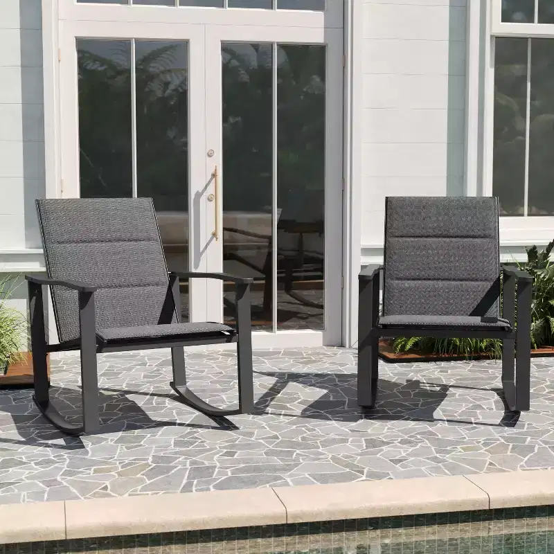 Merrick Lane Set of 2 Flex Comfort Outdoor Rocking Chairs with Steel Frames