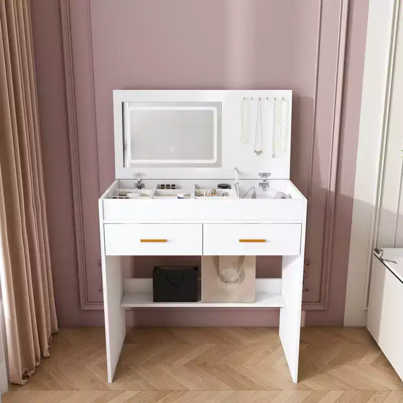 31.5 Flip-Top Makeup Dressing Table with LED Lighted Mirror & Built-in Outlet - Makeup Vanity Table with 2 Drawers, Hooks for Jewelry