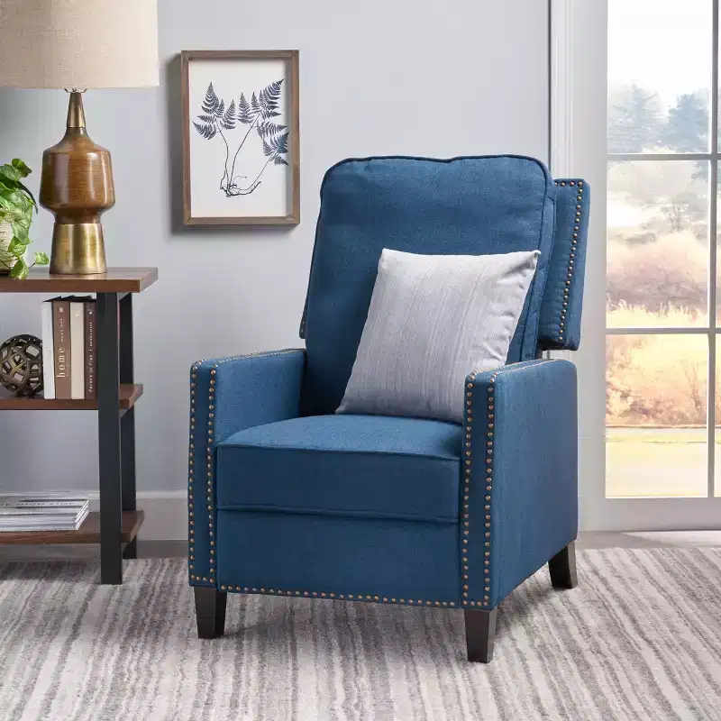 Cecelia Traditional Fabric Recliner Navy Blue - Christopher Knight Home: Studded, Pushback, for Small Spaces