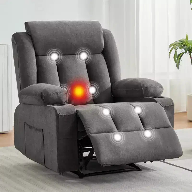 Recliner Chair, Manual Reclining Sofa with Massage and Heat, Comfy Overstuffed Rocking Chair with Side Pockets, Front Pockets and Cup Holde