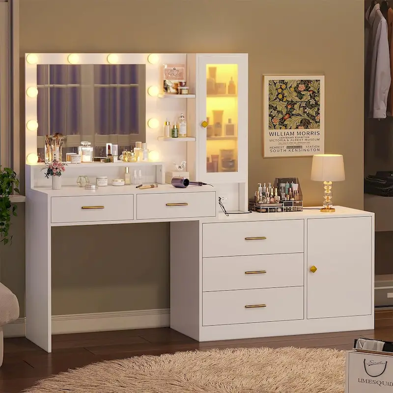 Makeup Vanity Desk Light Bulbs & RGB Cabinets Drawers Storage Shelves