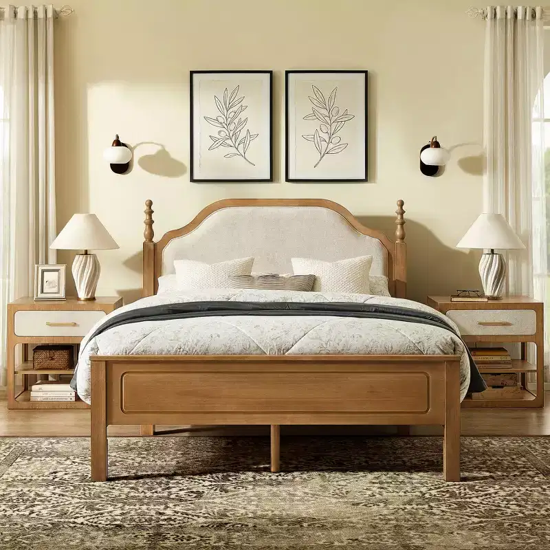 Queen Bedroom Sets Furniture-85 Solid Wood Bed Frame with Upholstered Headboard & 2 Nightstands, No Box Spring Needed, For Bedroom-Morden Fort