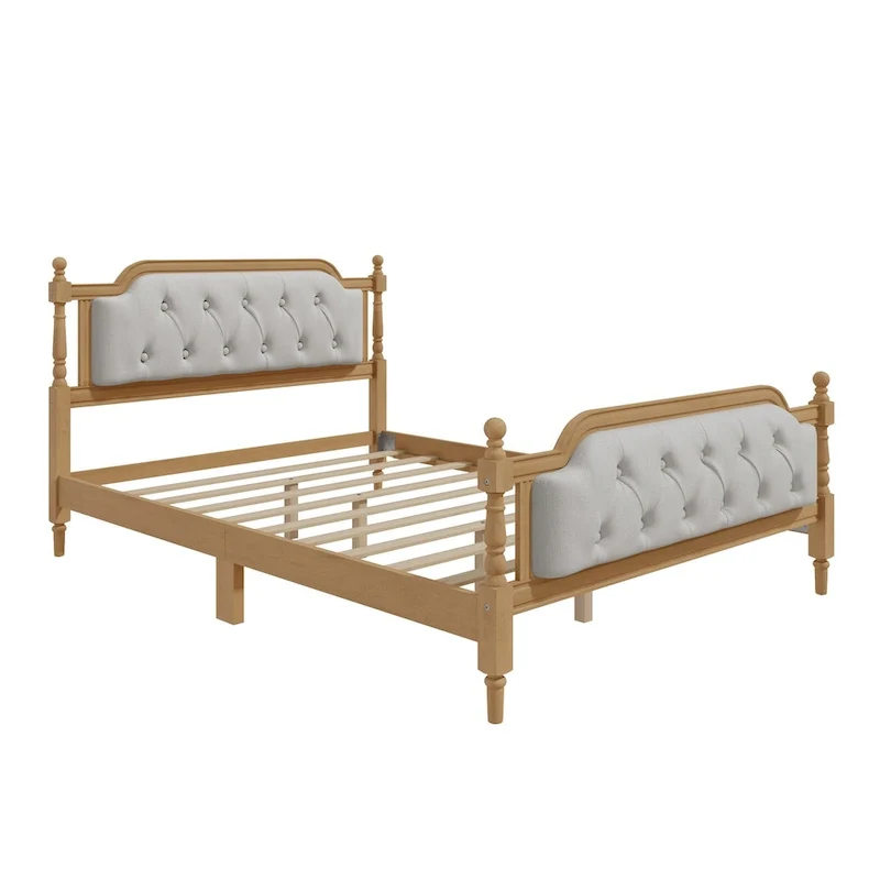 Solid Wood Bed Frame with Upholstered Tufted Headboard – No Box Spring Needed