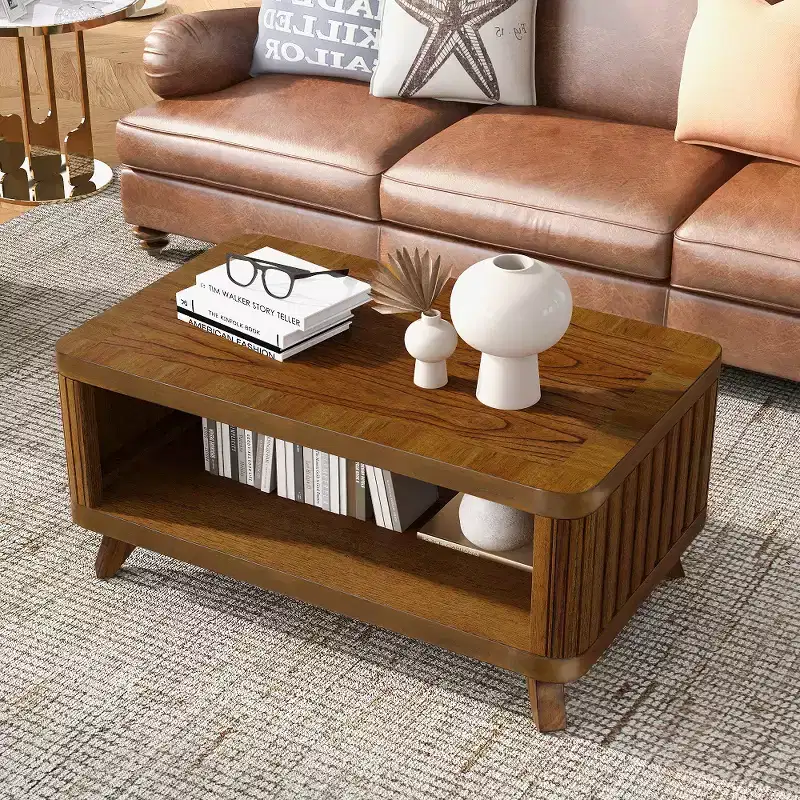 41.5'' Rectangular Wood Coffee Table with Open Storage Shelf, Easy Assembly, Walnut