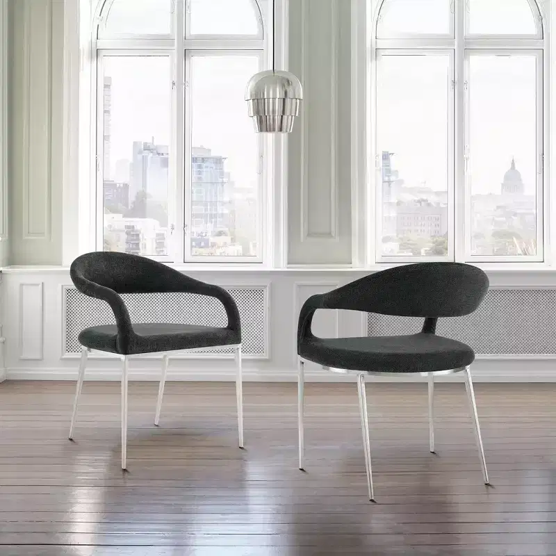 Armen Living Set of 2 Morgan Upholstered Brushed Stainless Steel and Fabric Dining Chairs Charcoal