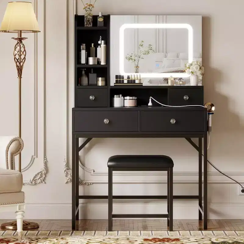 Makeup Vanity Desk with Mirror, 3-Color LED Lights, Charging Station & 4 Drawers, White Gold