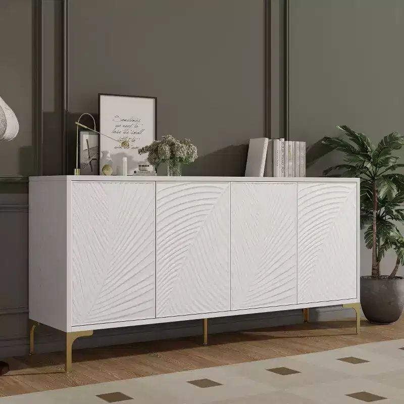 Modern 60 White Sideboard Buffet Cabinet, 4-Door Wood Credenza with 3D Carved Palm Texture & Gold Legs