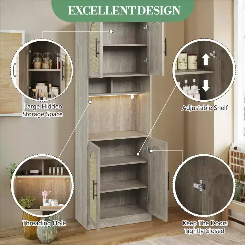 71 Inch Tall Kitchen Pantry Storage Cabinet with Mircowave Stand & Led Light, Farmhouse Rattan Hutch Cabinet for Dining Room, Living Room, Apartments