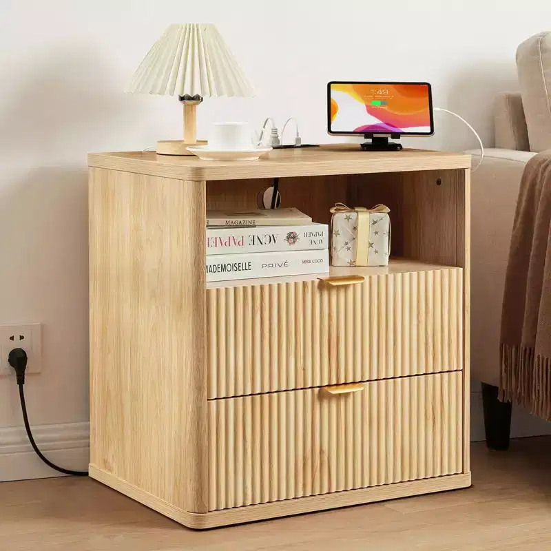 Nightstand with Charging Station, 2 Drawer Bedside Table with USB-C, AC Outlets, Open Shelf and Storage for Bedroom