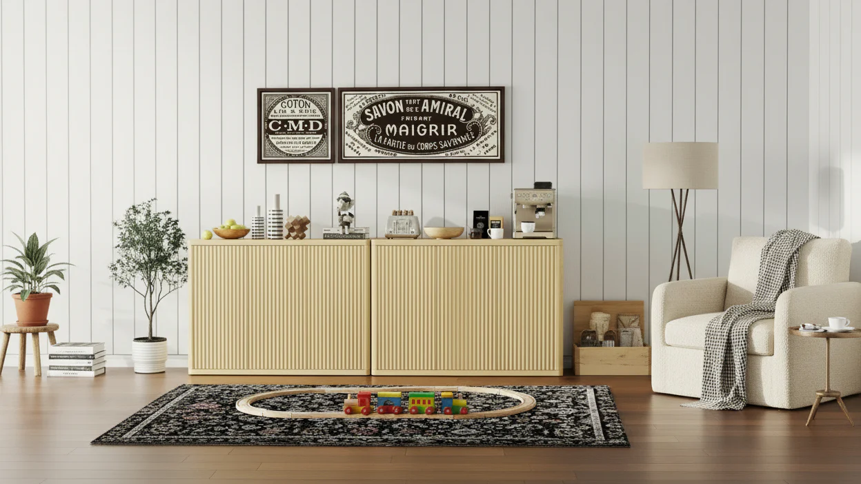Fluted 3-Door Buffet Cabinet, Multi-Function Home Coffee Bar with Adjustable Shelves for Dining Room and Living Room