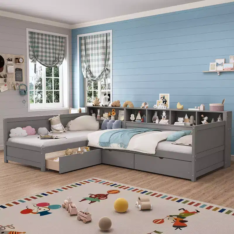 Twin Size Day Bed for 2, L- Shape Twin Size Platform Bed with Storage Drawers, Wooden Corner Bed with Bookshelf, Corner Bed Frame for Bedroom