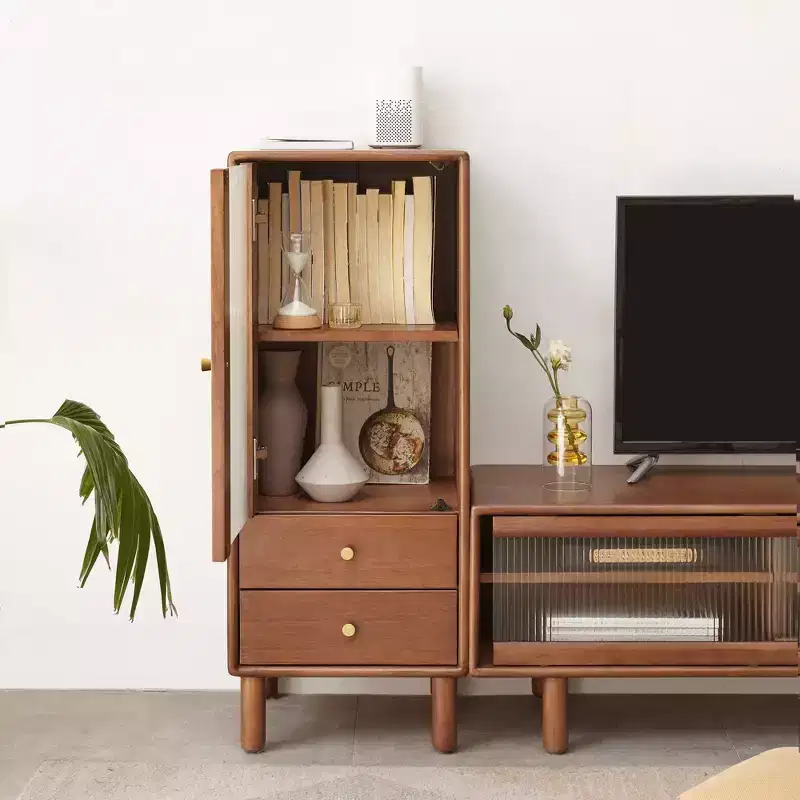 Natural Pine Glass Door Storage Cabinet with 2 Drawers & Shelves