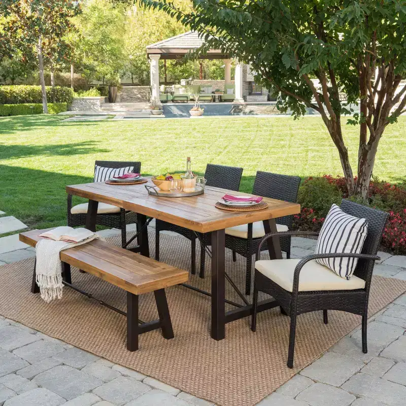 Christopher Knight Home Betsys Outdoor Acacia Wood and Wicker 6 Piece Dining Set with Bench, Teak/Multibrown