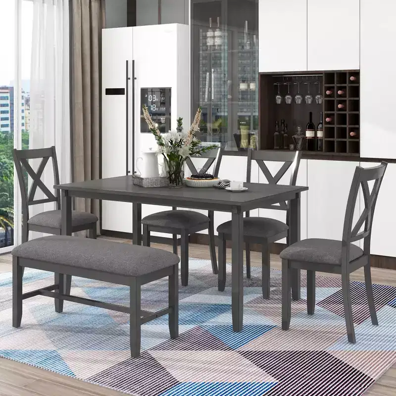 Whisen 6-Piece Wooden Rectangular Kitchen Dining Table Set with 4 Fabric Chairs and Bench