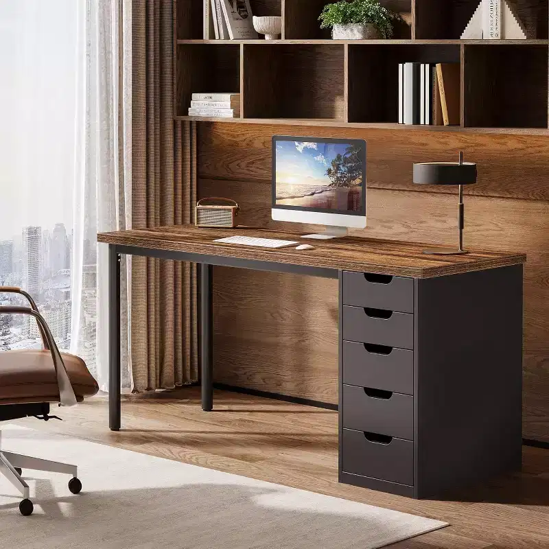 Lantine 47-Inch Modern Computer Desk, PC Desk with 5 Reversible Drawers, Study Writing Table for Home Office Small Spaces, Brown & Black