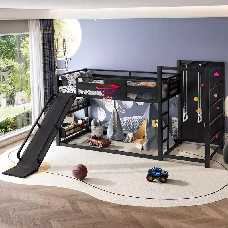 Twin/Full Metal Loft Bed, Playful Kids Bunk Bed with Basketball Hoop, Slide, Climbing Wall & Bookshelves, Black